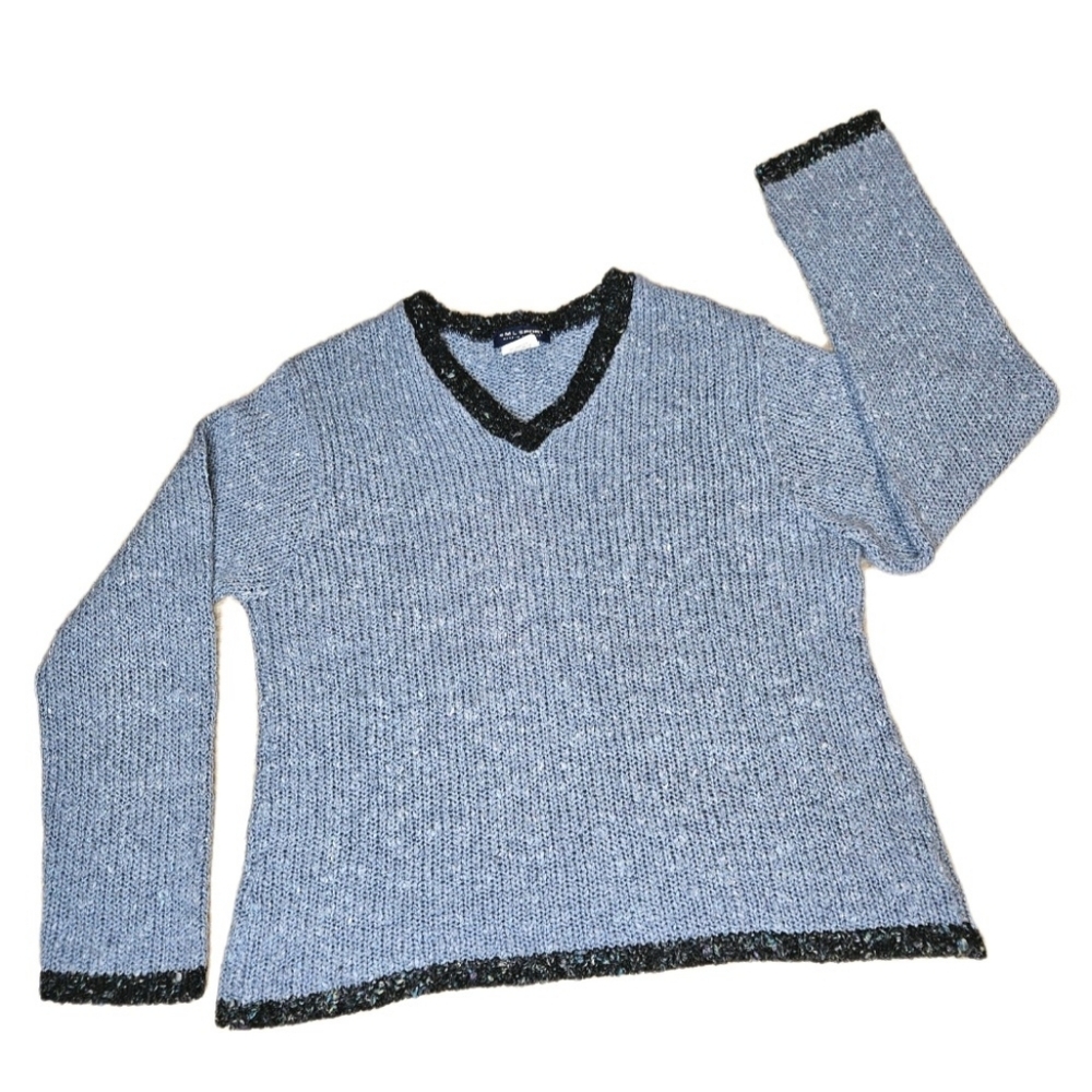 SML Sport Heathered Light Blue Contrast Trim Long Sleeve Pullover Knit Sweater